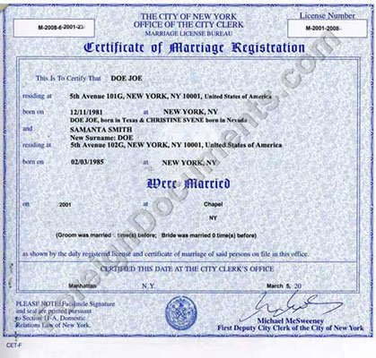 Marriage License/Certificate USA New York Translation
